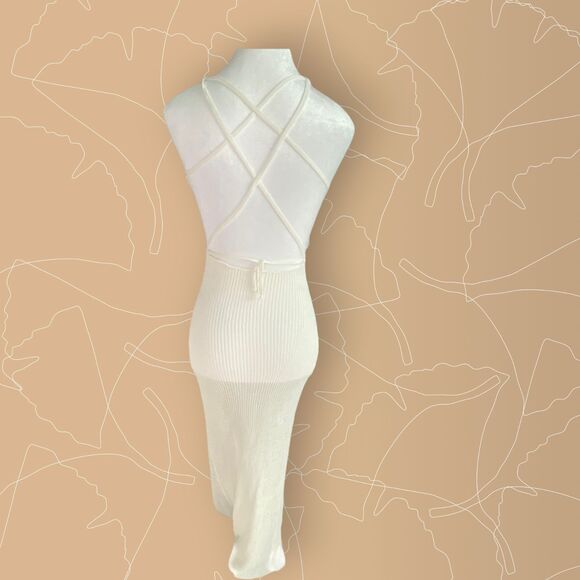 White High Slit Cover Up Mesh Textured Maxi Sun Beach Dress Backless Small - Picture 9 of 14